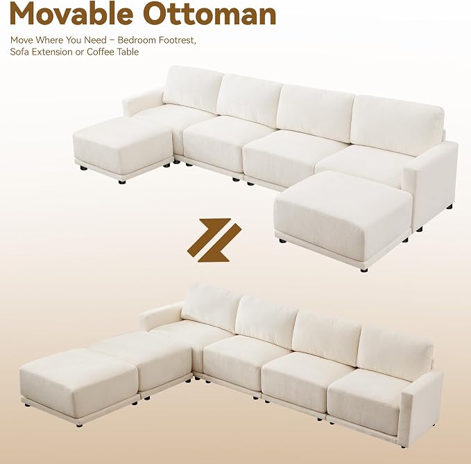 110.6" L Shaped Modular Sectional Sofa Modern Chenille Comfy Couch with Thickened Seat Cushions, Easy Assembly, Upholstered 4 Seater Couch with Movable Ottoman for Living Room, White