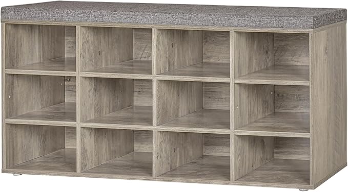 DINZI LVJ Shoe Bench, 12 Cubbies Shoe Organizer for Entryway, Storage Bench with Cushion, Cubby Shoe Rack with Adjustable Shelves for Living Room, Bedroom, Mudroom, Hallway, Gray Wash
