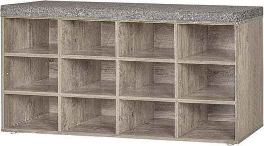 DINZI LVJ Shoe Bench, 12 Cubbies Shoe Organizer for Entryway, Storage Bench with Cushion, Cubby Shoe Rack with Adjustable Shelves for Living Room, Bedroom, Mudroom, Hallway, Gray Wash