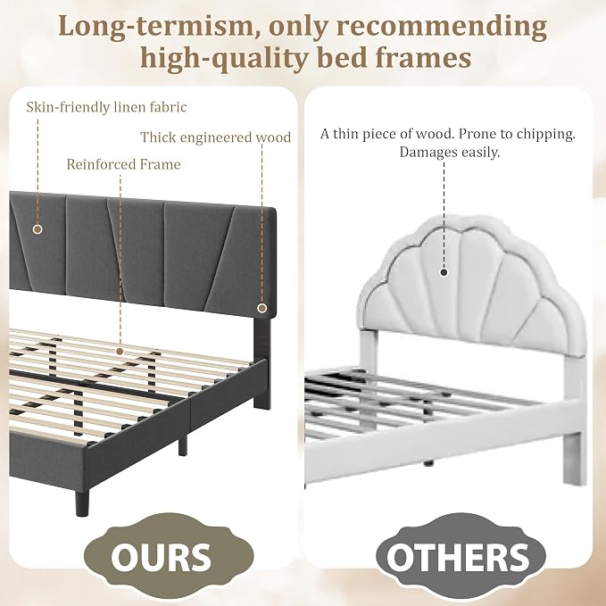 GarveeHome King Size Bed Frame with Upholstered Headboard, Modern Fabric Platform Bed Frame with Wooden Slat Support, Adjustable Headboard, No Box Spring Needed, Noise-Free, for Bedroom