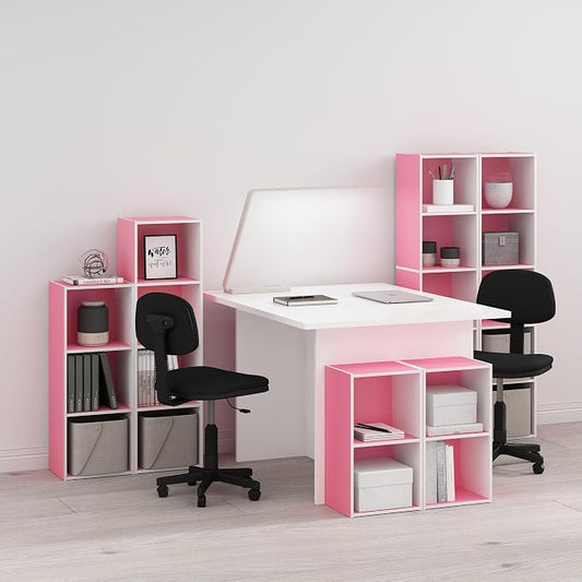 Furinno PASIR Book Shelf, 2-Tier Modern Bookshelf, Open Shelves Bookcase 9 x 12 x 21, Easy Assembly, for Living Room, Bedroom, Home Office, Pink/White