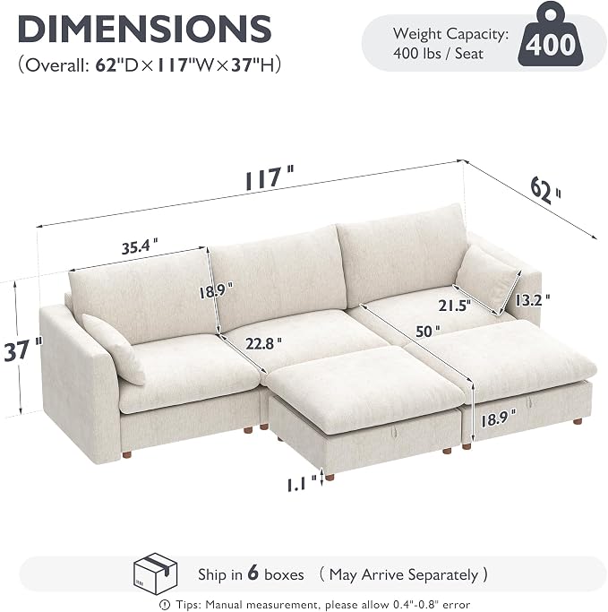 Ihanherry 117" Oversized Modular Sectional Sofa, Modern U Shaped Cloud Couch with 2 Storage Ottoman, 5-Seat Comfy Chenille Deep Seat Sofa with 2 Pillows for Living Room, Beige