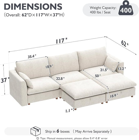 Ihanherry 117" Oversized Modular Sectional Sofa, Modern U Shaped Cloud Couch with 2 Storage Ottoman, 5-Seat Comfy Chenille Deep Seat Sofa with 2 Pillows for Living Room, Beige