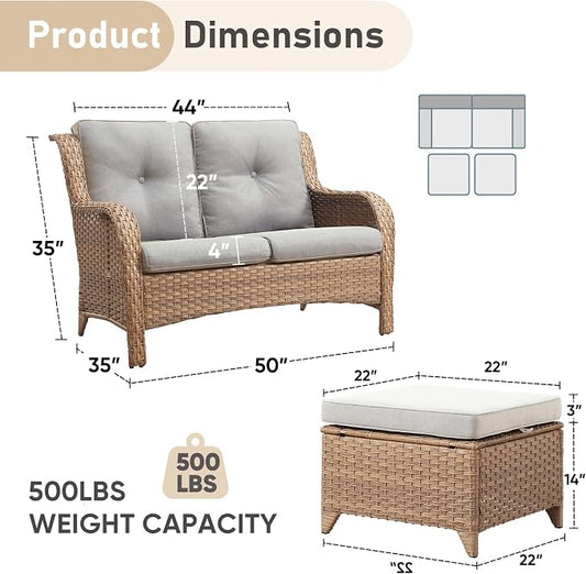 Outdoor Loveseat Sofa - 3 Piece Patio Furniture with Ottoman Deep Seating Patio Couch for Porch Deck Garden Backyard - Yellow/Beige