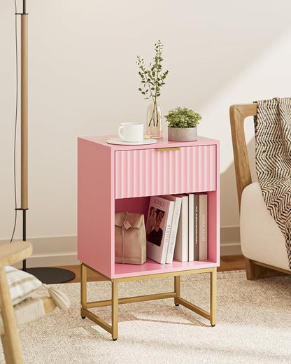 Masupu Fluted Nightstand, Modern Night Stand Wood Bedside Table with Storage Drawer Side End Table for Bedroom, Office, Pink