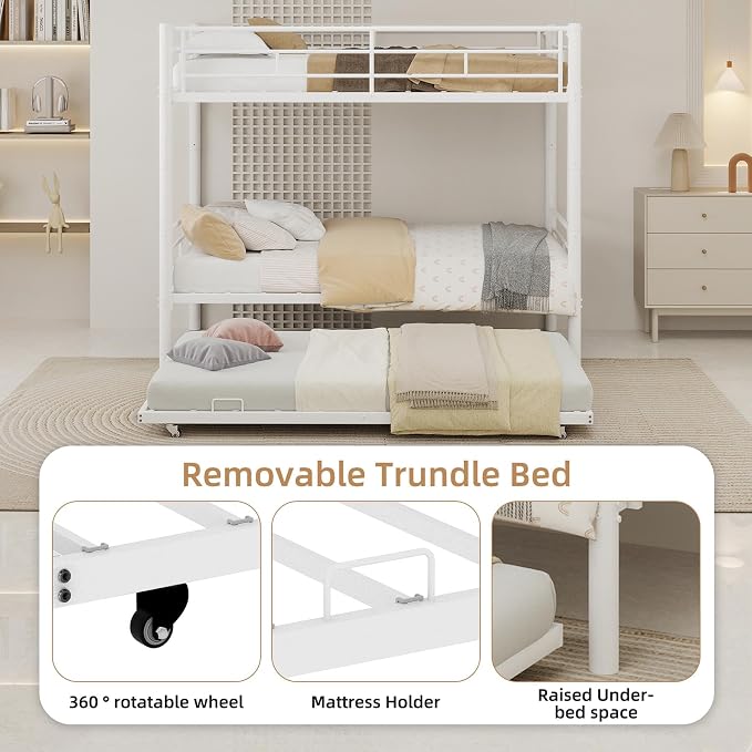 3-Way Convertible Twin over Twin Bunk Bed with Trundle, Metal Low Bunkbed for Kids Boys Girls, Guardrail & Ladders, Heavy Duty, No Box Spring Needed, Space-Saving, Easy Assembly (White, With Trundle)