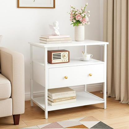 Edbuosy 27 Inch Wide Night Stand with Charging Station, Wood Nightstand with Open Shelf, Large Drawer Bedside Table for Living Room/Bedroom/Office, White