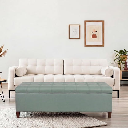 Joveco 51 Inch Storage Ottoman Bench,Tufted Leather Storage Bench for Bedroom (51”,Gray Green)