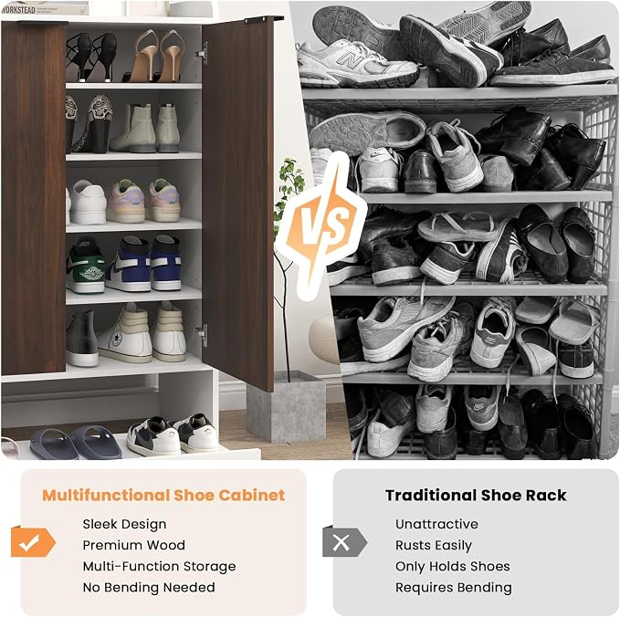 Verano Garden No Bend Shoe Cabinet with Slide Out Shelf, Top Storage Shelf & Umbrella Stand, 6-Tier Modern Shoe Organizer for Hallway, Apartment Entry