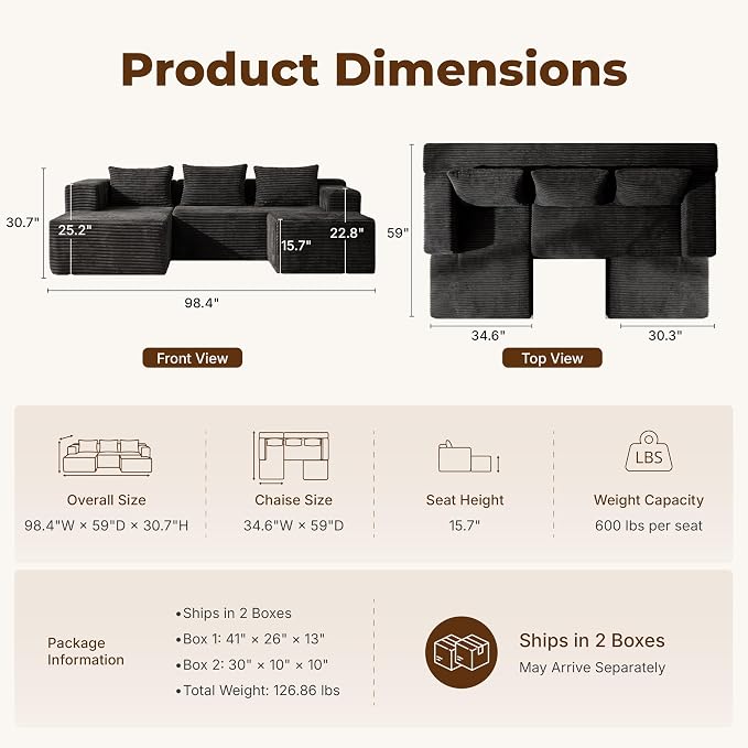 Modular Sectional U-Shaped Sofa with Deep Seat, Modern Boneless Comfy Corduroy Fluffy Couch with Side Pockets and Anti-Slip & Floor-Friendly Bottom for Living Room, No Assembly, Black