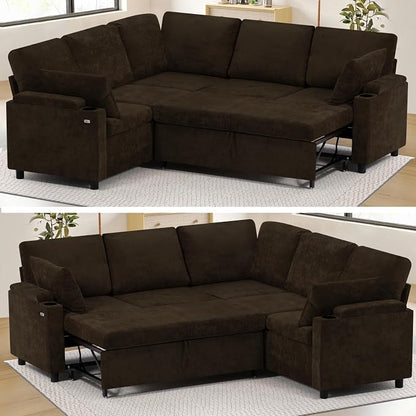 85" Chenille Sectional Sofa w/Pull Out Bed & Storage Space, Brown | Upholstery L Shaped Couch w/Cup Holders, Modern Corner Sofa w/USB Charging Port & Throw Pillow for Living Room