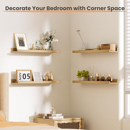 upsimples Floating Shelves for Wall, 23.6 Inch Shelves for Decor Storage Set of 6, Wall Mounted Wood Shelf for Bedroom, Living Room, Bathroom, Kitchen, Long Picture Ledge Shelves, Natural