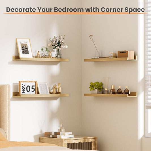 upsimples Floating Shelves for Wall, 23.6 Inch Shelves for Decor Storage Set of 6, Wall Mounted Wood Shelf for Bedroom, Living Room, Bathroom, Kitchen, Long Picture Ledge Shelves, Natural