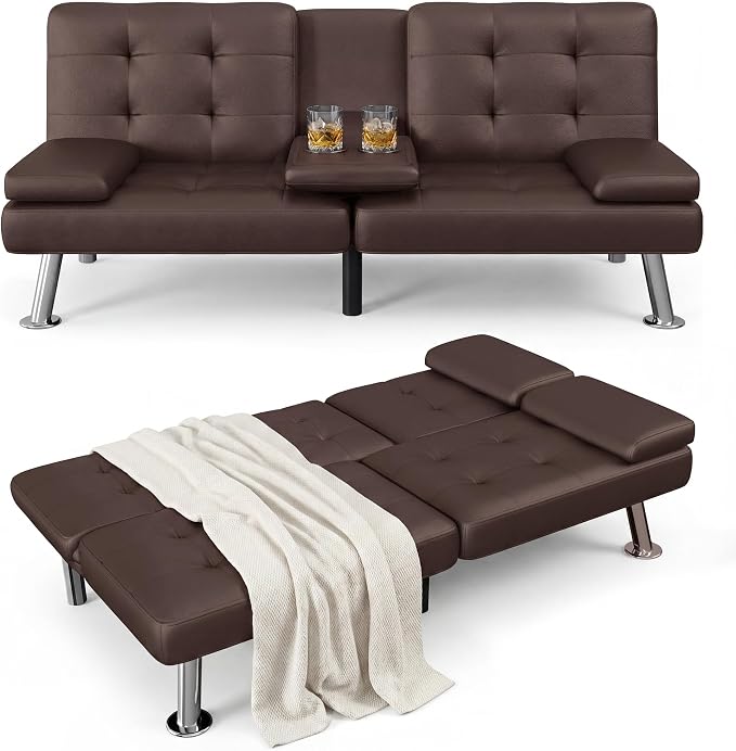 Flamaker Futon Sofa Bed Modern Folding Futon Set Convertible Recliner Lounge for Living Room with 2 Cup Holders, Removable Armrests (PU Leather, Brown)