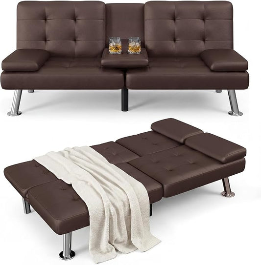 Flamaker Futon Sofa Bed Modern Folding Futon Set Convertible Recliner Lounge for Living Room with 2 Cup Holders, Removable Armrests (PU Leather, Brown)