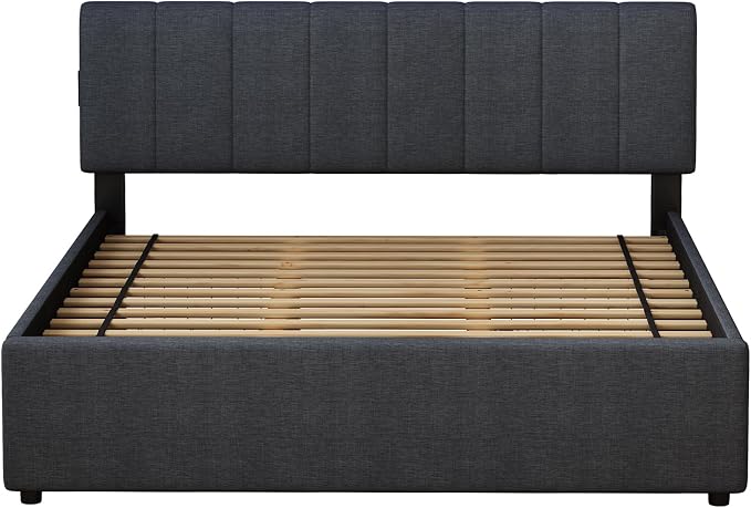 King Size Upholstered Platform Bed with 4 Storage Drawers | 4 Storage Drawers, USB/Type-C Charging,APP-Controlled LED Lights,No Box Spring Needed,Dark Grey Linen Fabric,Easy to Assemble