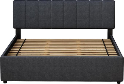 King Size Upholstered Platform Bed with 4 Storage Drawers | 4 Storage Drawers, USB/Type-C Charging,APP-Controlled LED Lights,No Box Spring Needed,Dark Grey Linen Fabric,Easy to Assemble