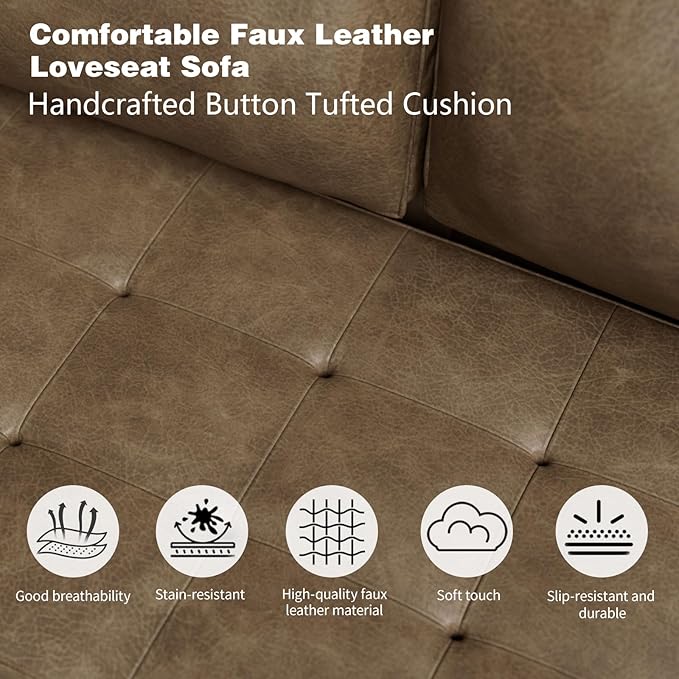 70" Mid-Century Modern Sofa Couch – Faux Leather Loveseat Sofa with Deep Seat & Solid Wood Frame – Includes 2 Accent Pillows –Dark Brown Living Room Bedroom Office