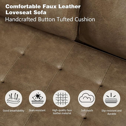 70" Mid-Century Modern Sofa Couch – Faux Leather Loveseat Sofa with Deep Seat & Solid Wood Frame – Includes 2 Accent Pillows –Dark Brown Living Room Bedroom Office