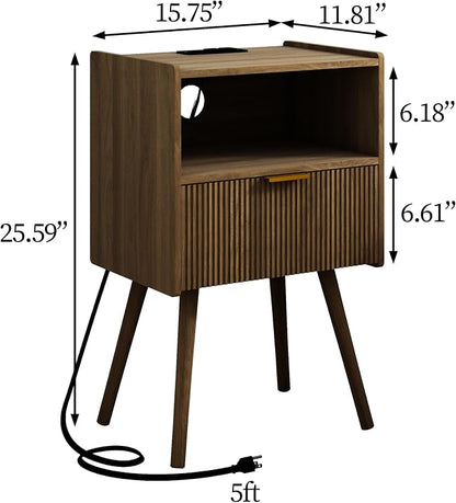 JOONEE Nightstand with Outlet,Modern Bedside Table with Storage Drawer and Open Wood Shelf, for Living Room, Bedroom and Small Spaces, Accent Night Stand with Solid Wood Legs, Easy Assembly,Brown