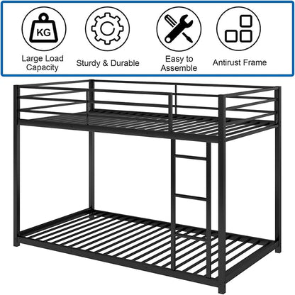 Low Metal Bunk Bed Frame for Kids, with Built-in Ladder, High Guardrail and Metal Slats, Floor Bed Bottom Bunk, No Boxspring Required, for Small Spaces, Twin-Over-Twin (Black)
