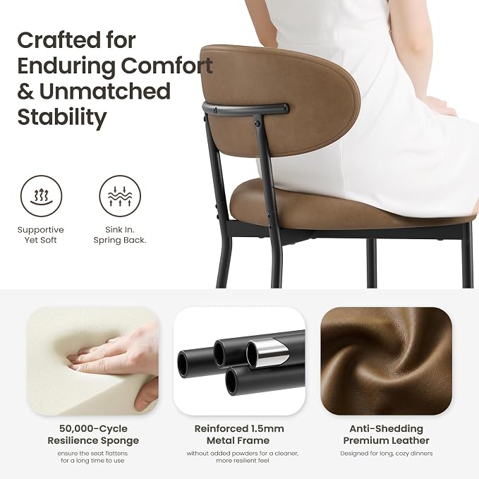 Upholstered Dining Chairs Set of 4, Modern Faux Leather Kitchen Chairs with Curved Backrest and Cushioned Seat, Sturdy Metal Legs, Modern Dining Chairs for Kitchen Dining Room, Living Room,Brown