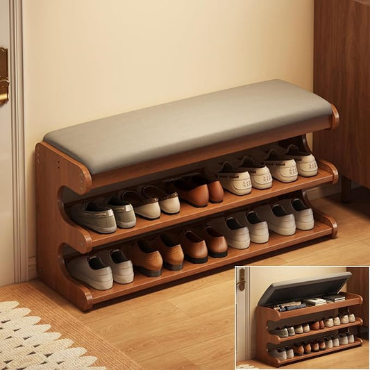 Shoe Rack Bench with Flip-Top Storage 3 Tiers Bamboo Entryway Bench Organizer with Linen Cushion for Hallway, Mudroom, Closet, Front Door Entrance, Foyer Walnut 100cm/39.37in