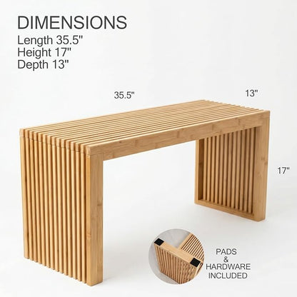 Bamboo Natural 36 inch Wooden Bench, Small Wood Benches for Entryway, Living & Dining Room, Kitchen, Bedroom, Bathroom, Hallway, Front Door, For Indoor & Outdoor Patio Use, Mid Century Modern Decor