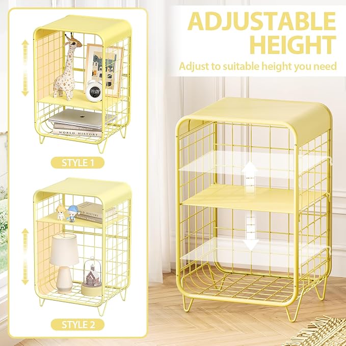 APEXCHASER Cute Nightstand,Metal Side Table,3-Tier Modern End Table with Storage, Small Coffee Tables for Small Spaces,Coffee Table for Living Room, Bedroom,Dorm,Yellow