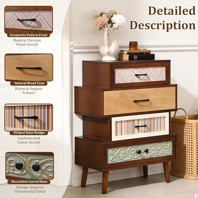 Ahokua Boho Accent Cabinet with Drawers, Narrow Storage Cabinet for Small Spaces, Multi-Drawer Chest for Entryway, Hallway or Living Room, 26"