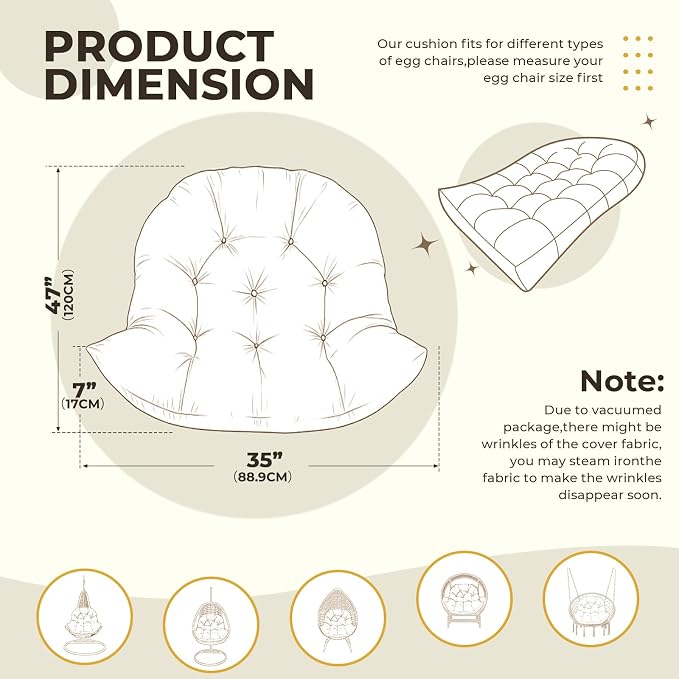 DANGHOOGY Egg Chair Cushion, Waterproof Outdoor Egg Replacement Cushions, Patio Chair Cushions for Outdoor Funiture, Thickened Hanging Chair Cushion, 35x47x7 Inches (Brown)
