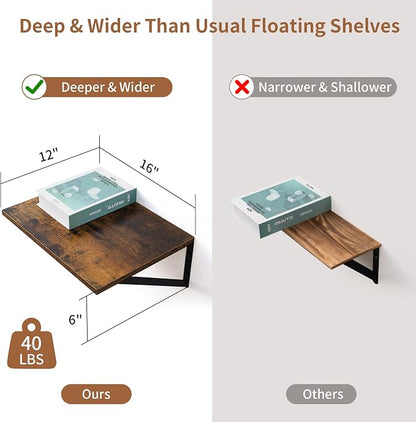 Axeman Deep Floating Shelves for Wall, 16W x 12D Rustic Wood Wall Shelves Set of 2, 12 Inch Deep Large Floating Shelves for Decor & Storage, Hanging Shelves for Farmhouse Kitchen Bathroom Bedroom