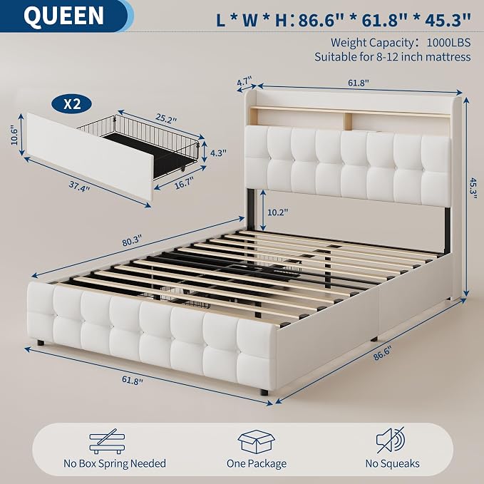 Garvee Queen Size Bed Frame with 2 Storage Drawers, Upholstered Bed Frame Queen with LED Light, Double-Layer Bedside Headboard with Charging Socket and USB Port, Soft Plush Fabric, White