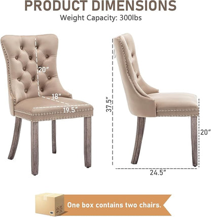 Mid Century Modern Dining Chair Set of 2 Velvet Upholstered Dining Accent Chair Farmhouse Dining Chairs with High Back and Nailhead Trim for Kitchen, Living Room, Bedroom (Khaki)