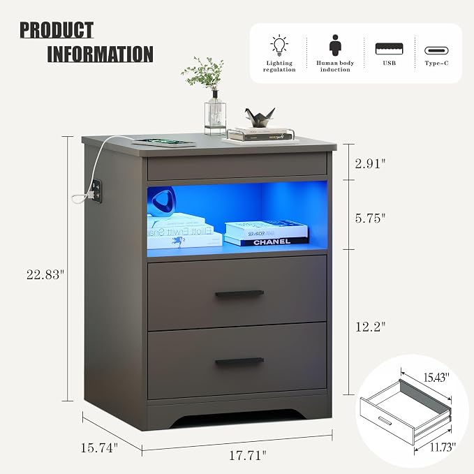 Night Stand Set of 2, Charging Bedside Table with USB & Type-C Port, LED Night Stand with Human Sensor Light, Modern End Table with Gun Drawers for Bedroom Office, Grey