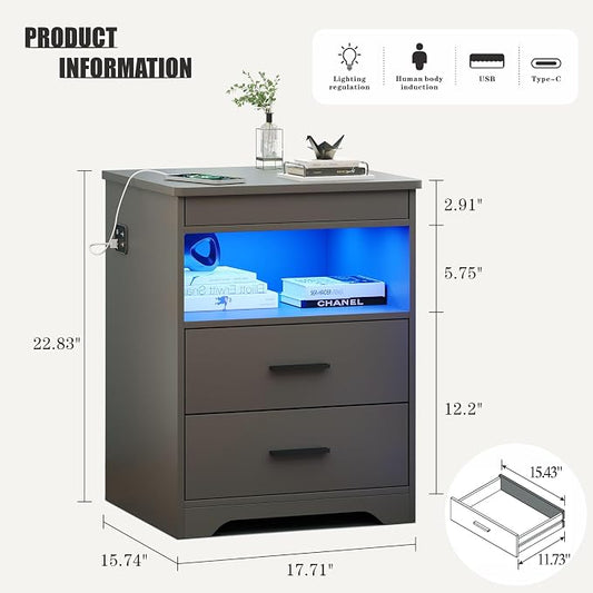 Nightstand with Gun Drawer, Charging Bedside Table with USB & Type-C Port, LED Night Stand with Human Sensor Light, Modern End Table with Drawers for Bedroom Office, Grey