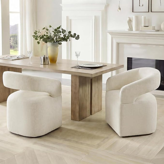 KISLOT Upholstered Dining Chairs Set of 2, Modern Arm Kitchen & Dining Room Chairs with Hidden Casters, Linen Fabric Padded Rolling Chairs, Sturdy Wood Frame, 300 lbs Capacity, Cream Beige