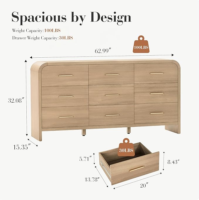 Curved 9-Drawer Dresser for Bedroom, 63" Wide Modern Chest of Drawers, Vanity Desk TV Stand for Living Room, Closet Storage Drawers Organizer Furniture, Nursery, Hallway, Grey Oak