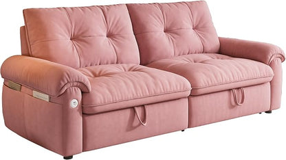 77.2'' Pull Out Couch Full Size, Pre-Assembled Sleeper Sofa Bed, Flannel Convertible Futon Sofa Bed with Adjustable Backrest, USB, Side Pockets, Loveseat for Living Room, Apartment, Pink