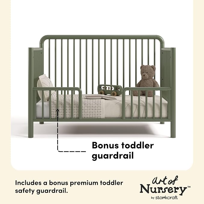 Storkcraft Porto 5-in-1 Convertible Crib with Toddler Guardrail – GREENGUARD Gold Certified, Toddler Bed Conversion Kit Included, 100% Solid Wood, Fits Standard Baby Crib Mattress (Olive)
