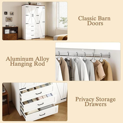 Farmhouse Wooden Armoire Storage Cabinet with Adjustable Shelves & Hanging Rod, 3 Doors Wardrobe Armoire Closet with Drawers, 70" Freestanding Clothing Storage Cabinet for Bedroom (3 door, White-1)
