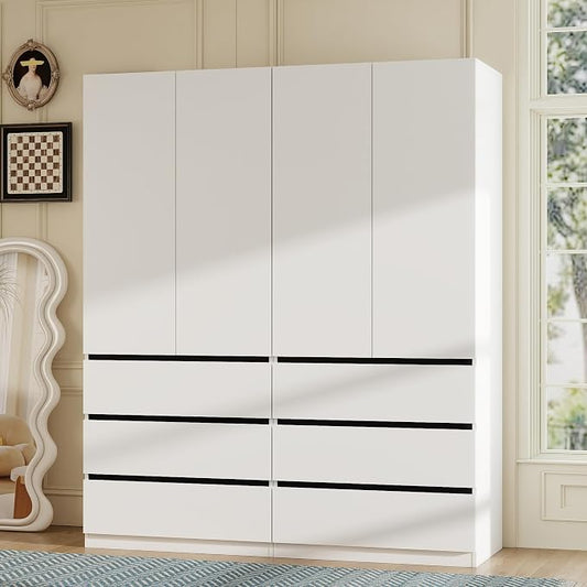 White Armoire Wardrobe Closet: 75" Large Wardrobe Closet with 4 Doors, Modern Bedroom Armoires with 6 Drawers, Tall Wood Closets for Bedroom