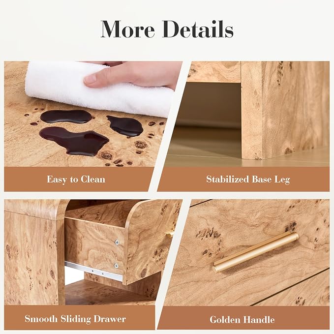 Night Stand Set of 2 [Unique Curved Profile] [FSC-Certified Wooden Board] 1-Drawer and 1 Storage Shelf Nightstand 24" H Metal Handle Modern Bedside Table Side Table End Table