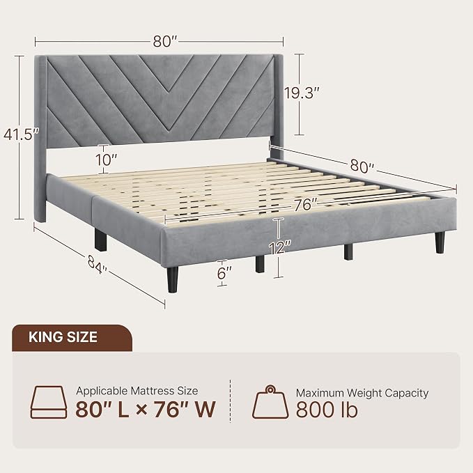 Yaheetech King Bed Frame Upholstered Platform Bed/Wooden Slat Support/Tufted Headboard with Wing Side/Mattress Foundation/No Box Spring Needed,Light Gray King