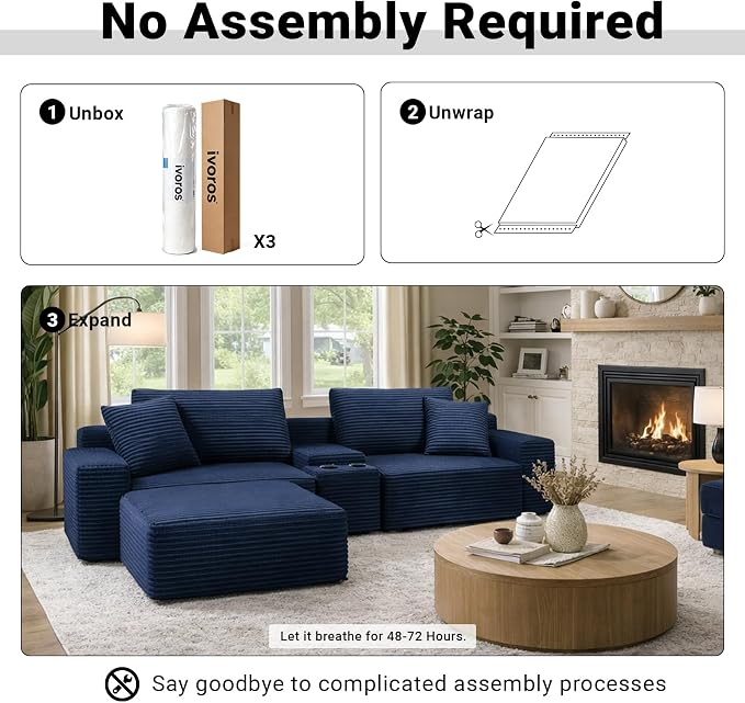 ivoros 111 Inch Modular Sectional Sofa Couch, Oversized Modern Cloud Couch for Living Room, L Shape Couches with Ottomans, USB Ports and Cup Holders, Blue Corduroy Boneless Sofas, Sofa in a Box