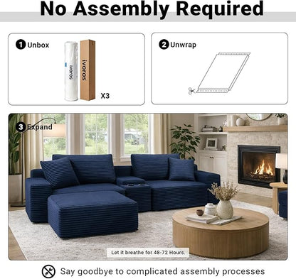 ivoros 111 Inch Modular Sectional Sofa Couch, Oversized Modern Cloud Couch for Living Room, L Shape Couches with Ottomans, USB Ports and Cup Holders, Blue Corduroy Boneless Sofas, Sofa in a Box