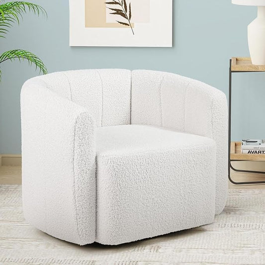 Giantex 360° Swivel Accent Chair - Sherpa Upholstered Boucle Barrel Club Chair with Padded Armrests, Modern Round Arm Chair for Reading, Living Room, Bedroom, Office, White Teddy