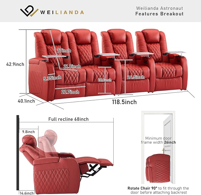 Weilianda Home Theater Seating Top Grain Leather Zero Gravity Recliner Chair Power Headrest Recline Movie Seat Gaming 7 Colors Mood Light Sofa with Tray Table USB Charge Row of 4 Loveseat Left Red