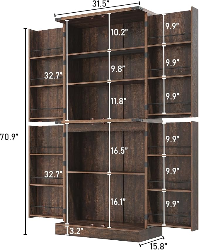 71" Tall Kitchen Pantry Cabinet, Farmhouse Tall Kitchen Storage Cabinet with Adjustable Shelves & 4 Barn Style Doors, Wooden Storage Cabinet for Kitchen, Dining Room, Living Room, Bathroom, Office