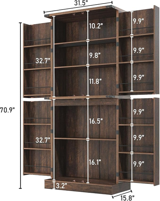 71" Tall Kitchen Pantry Cabinet, Farmhouse Tall Kitchen Storage Cabinet with Adjustable Shelves & 4 Barn Style Doors, Wooden Storage Cabinet for Kitchen, Dining Room, Living Room, Bathroom, Office